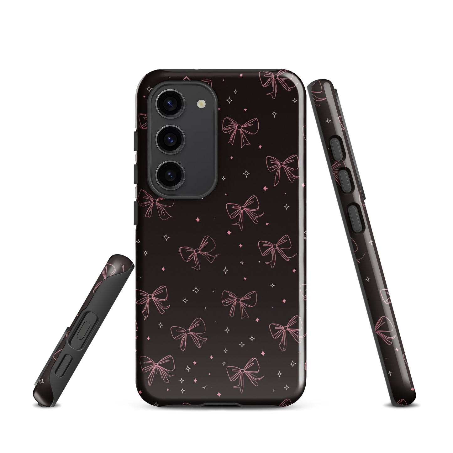 Midnight Bow seamless repeat pattern — pink hand-drawn ribbon bows and sparkle stars on a black background