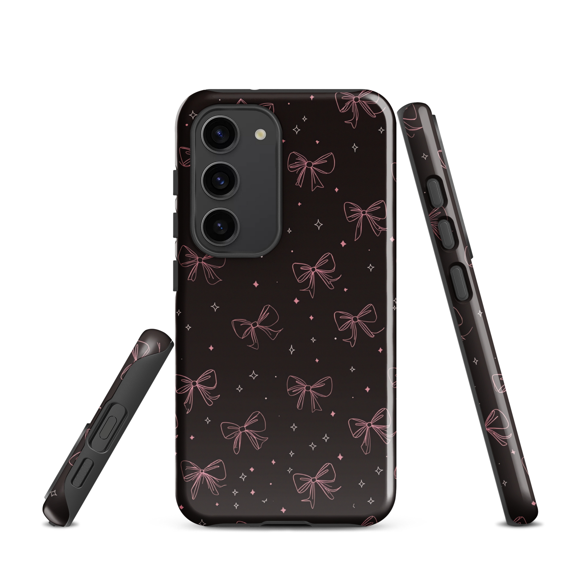 Midnight Bow seamless repeat pattern — pink hand-drawn ribbon bows and sparkle stars on a black background