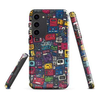 'Arcade' Samsung case, featuring a vibrant collage of hand-drawn controllers in bold, vintage-inspired colours. From electric blue and hot pink to classic black and yellow