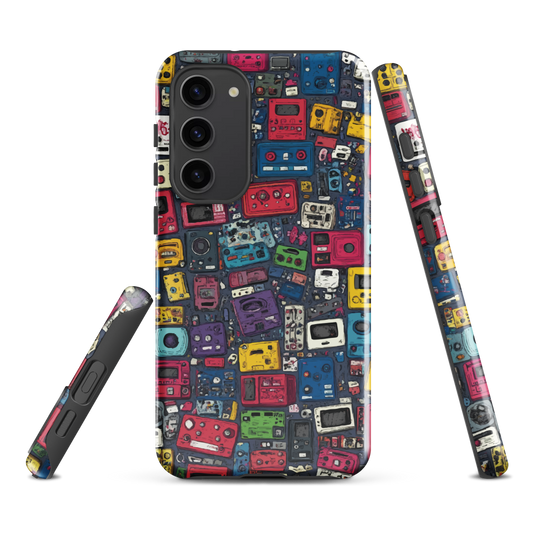 'Arcade' Samsung case, featuring a vibrant collage of hand-drawn controllers in bold, vintage-inspired colours. From electric blue and hot pink to classic black and yellow