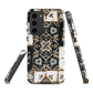 Moroccan tile pattern phone case in black, white, and gold tones with vintage-inspired design.