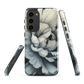 Black and white floral phone case featuring a soft, moody peony design by New Zealand artist Ben Hart.