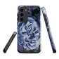 Designer phone case with a bold blue rose artwork and glossy finish.