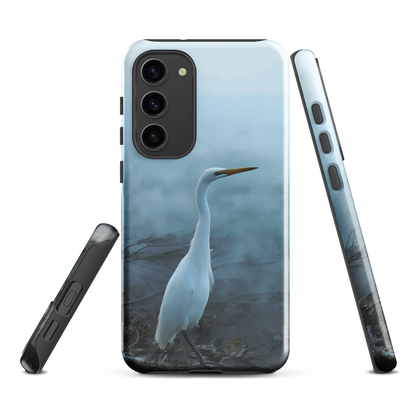 'White Heron in the mist' Samsung Galaxy S23 Plus tough phone case - protective glossy case NZ Australia