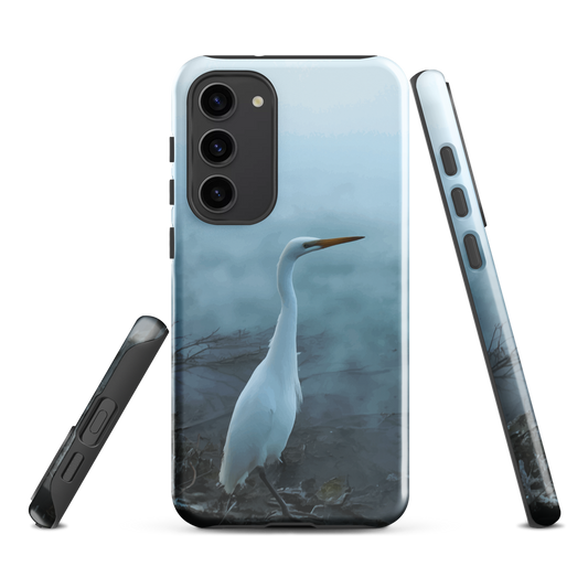 'White Heron in the mist' Samsung Galaxy S23 Plus tough phone case - protective glossy case NZ Australia