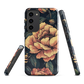 Phone case with vintage-style pink roses and bees on dark background, floral New Zealand artwork.