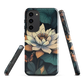 Phone case with ivory water lily, green leaves, and butterfly accents on dark background