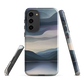 Phone case with moody blue and purple layered mountain and lake landscape artwork