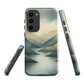 Phone case with soft mountain and valley design in misty green, blue, and golden tones