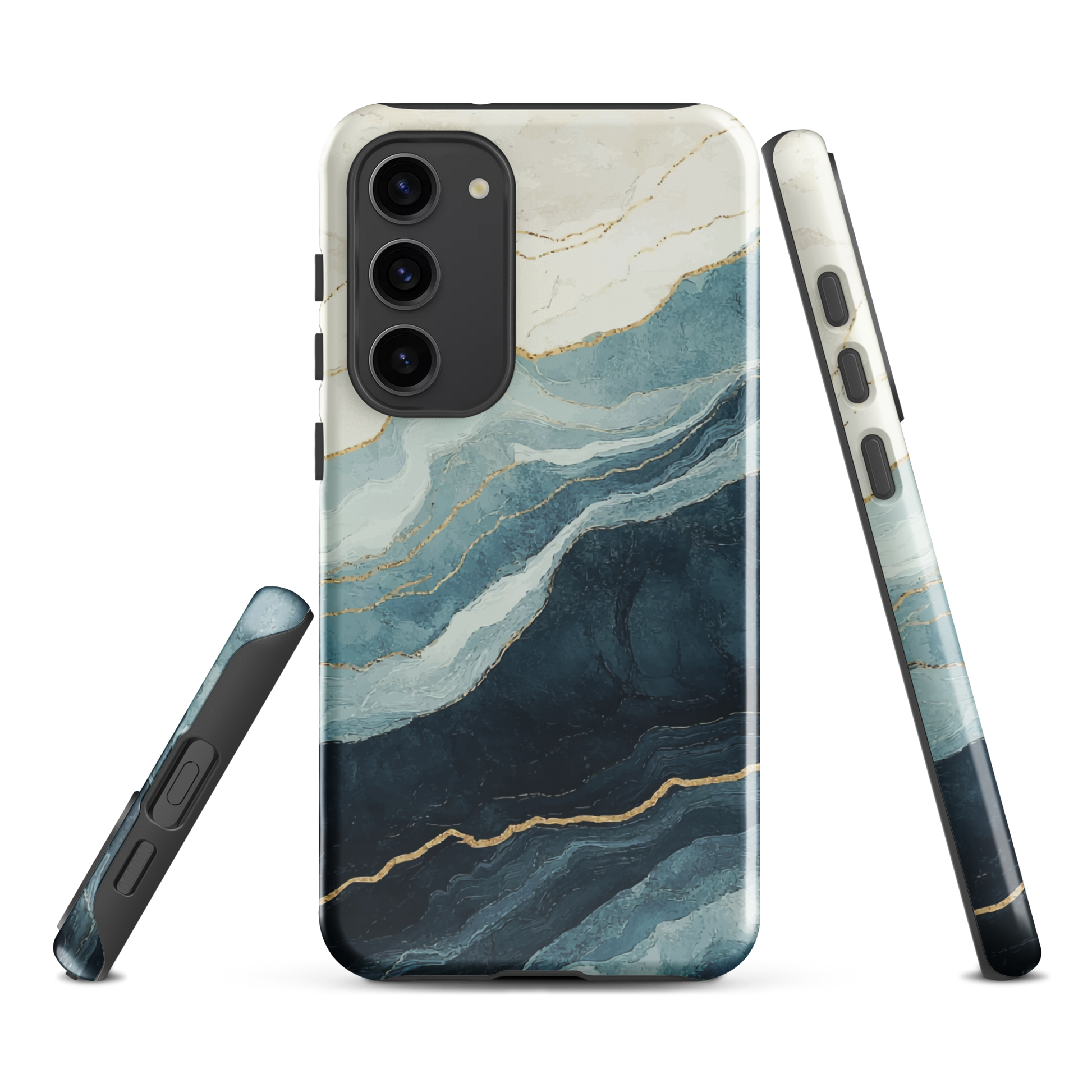 An elegant abstract phone case inspired by layered coastal forms in blue and teal tones.