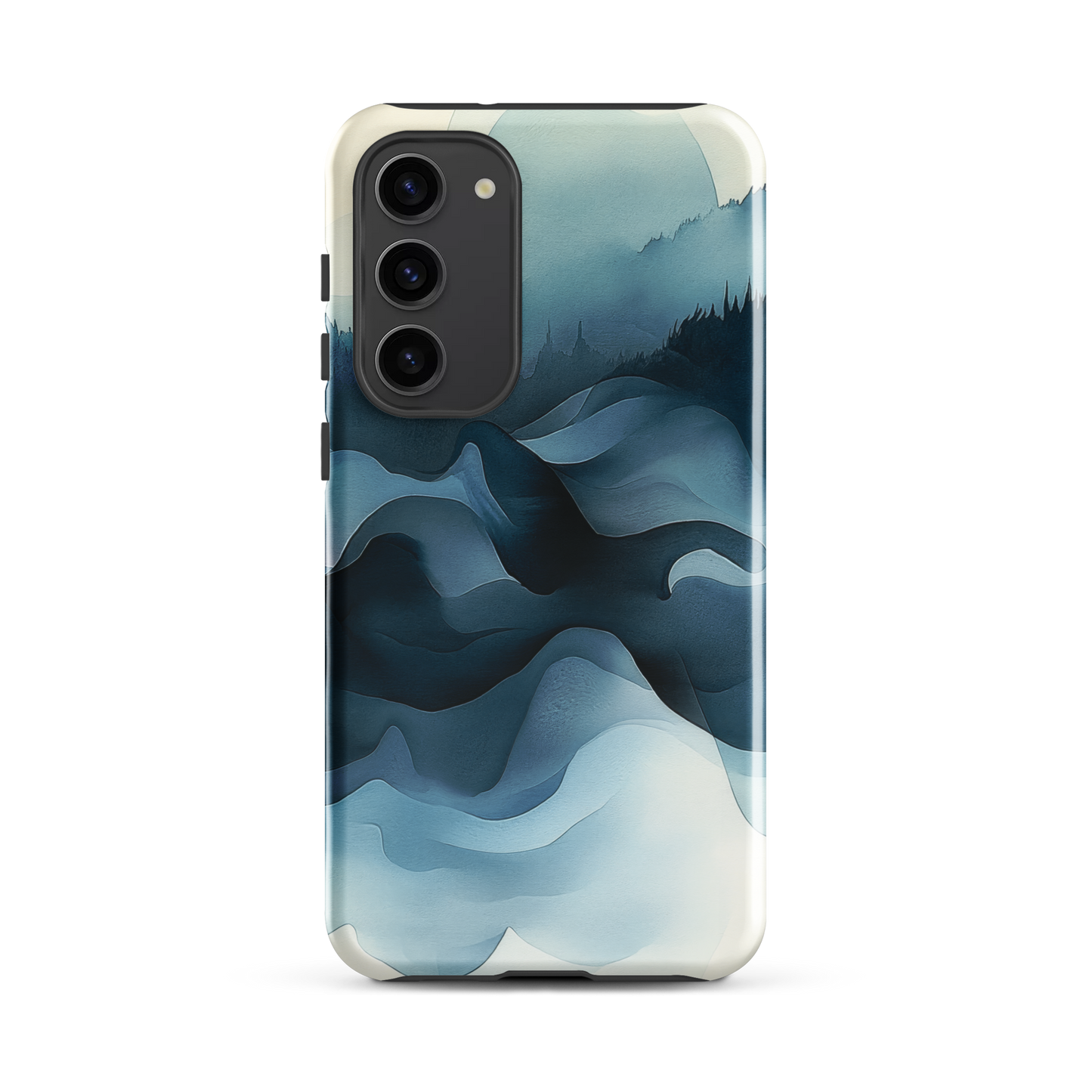 A calming abstract landscape phone case inspired by quiet valleys and soft blue tones.