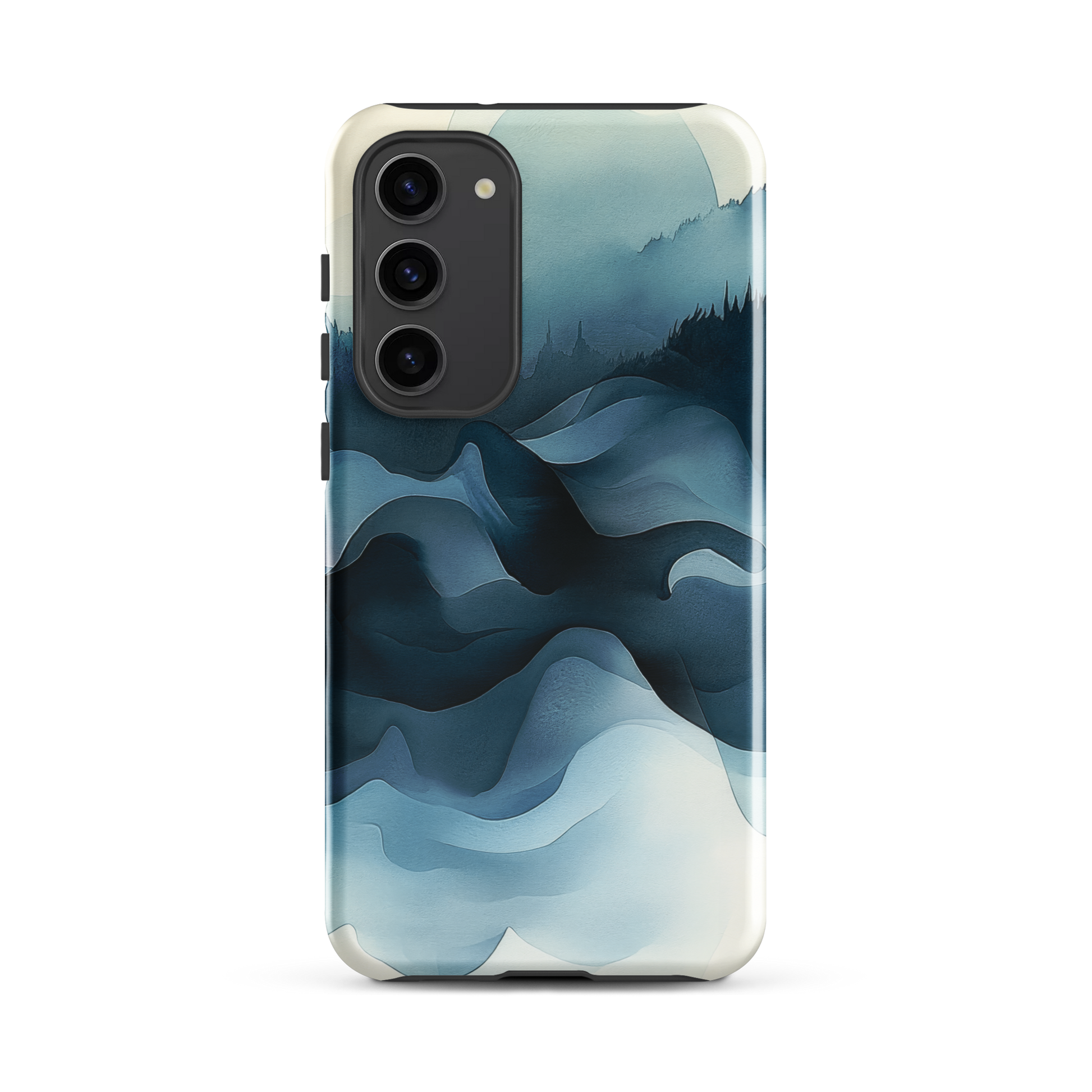 A calming abstract landscape phone case inspired by quiet valleys and soft blue tones.