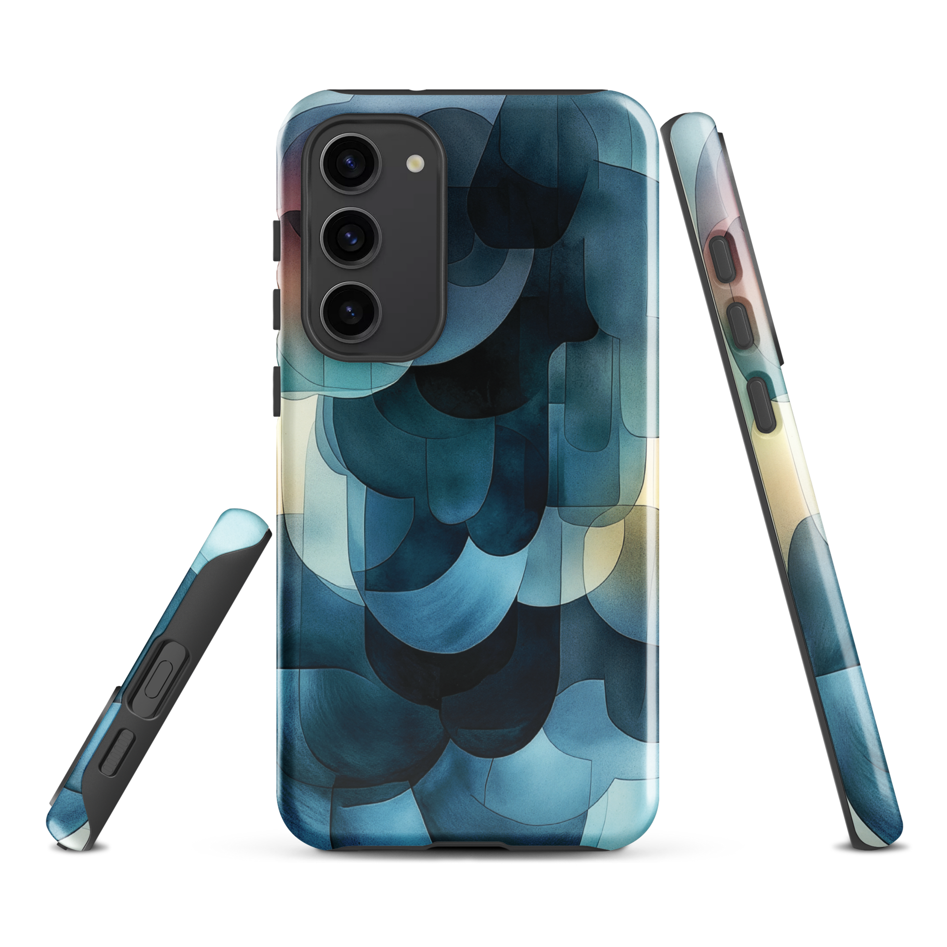 A modern abstract phone case featuring layered blue forms and soft flowing shapes.