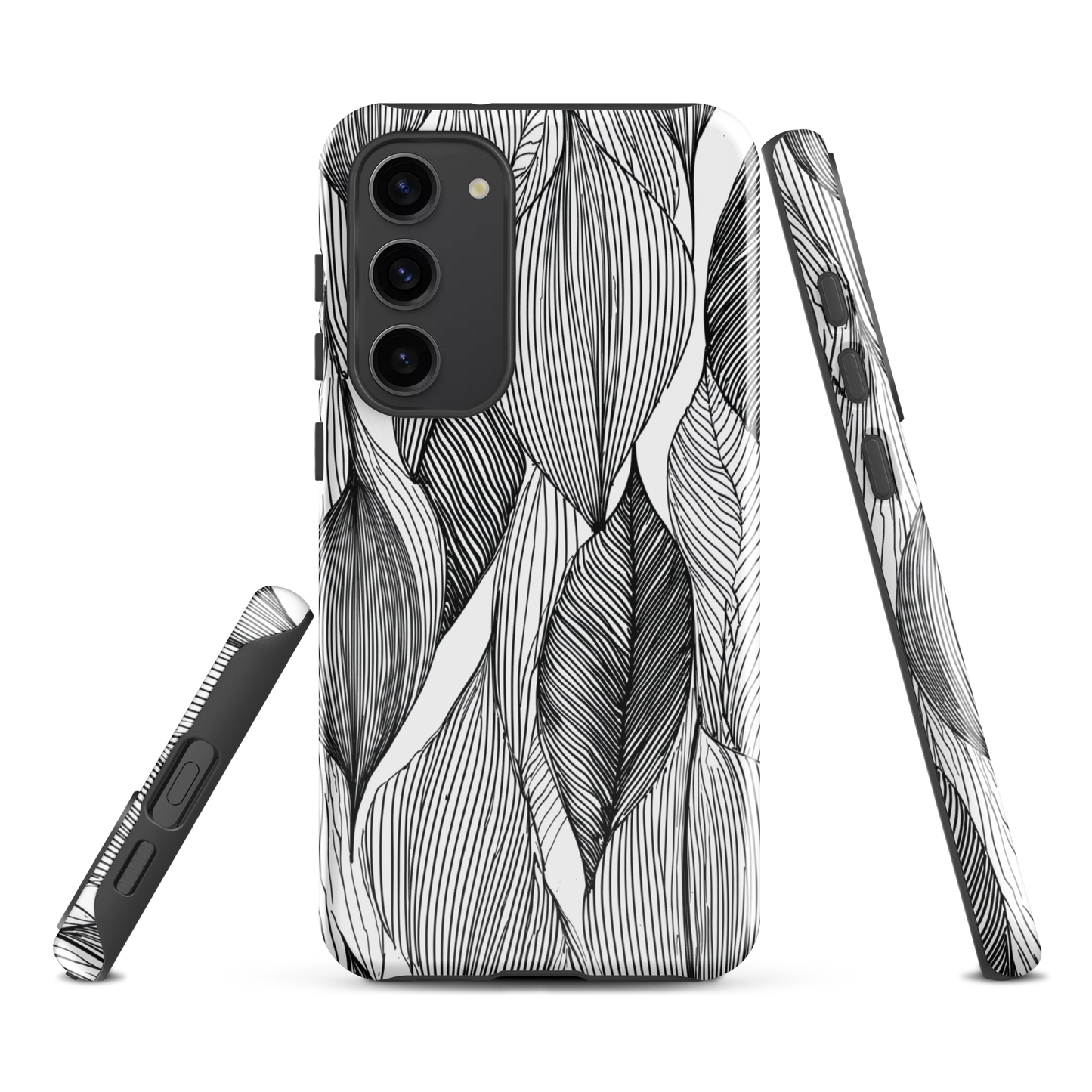 A minimalist phone case featuring fine black botanical linework in a repeating leaf pattern.