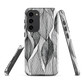 A minimalist phone case featuring fine black botanical linework in a repeating leaf pattern.