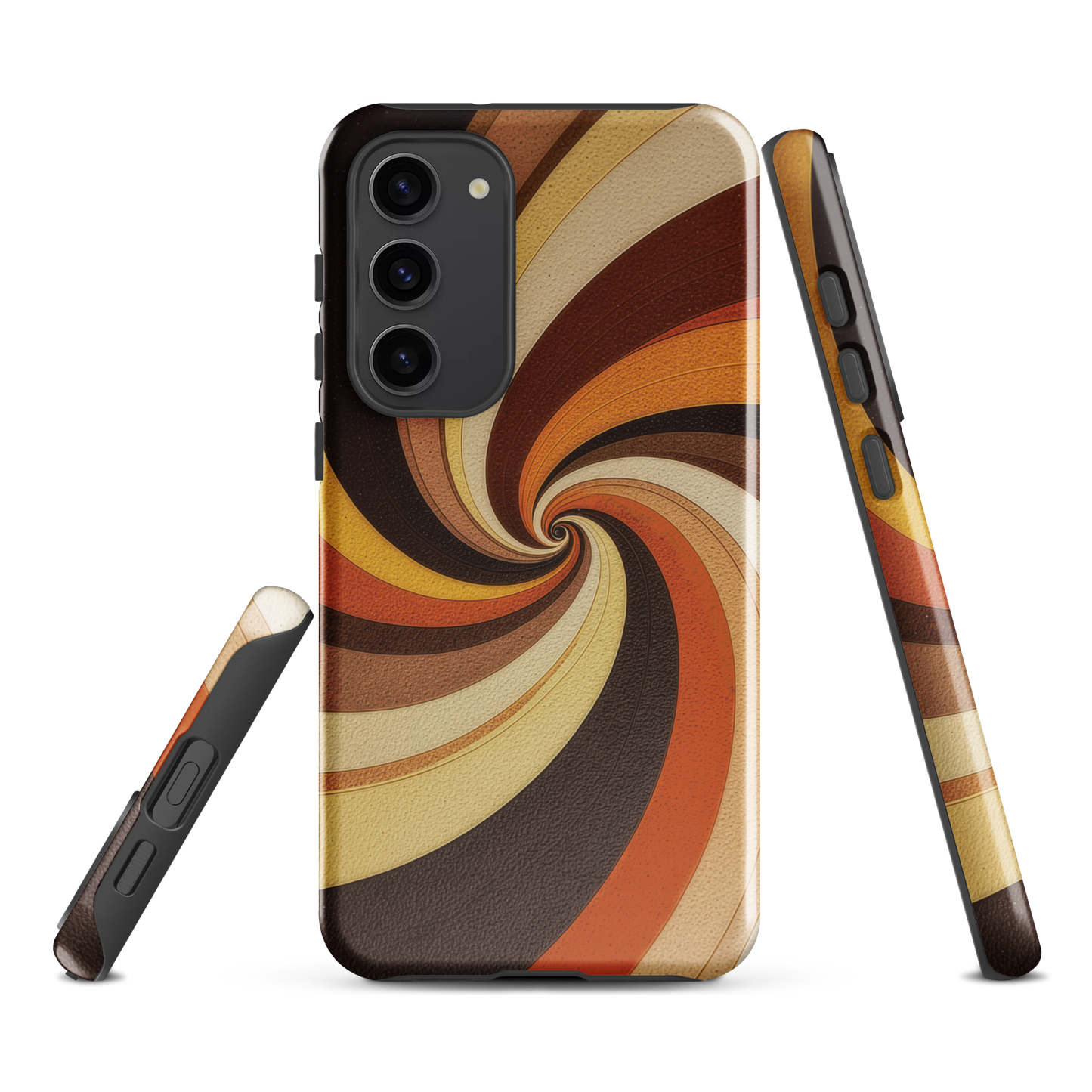 A retro-inspired phone case featuring warm swirling patterns in orange, yellow, and brown tones.