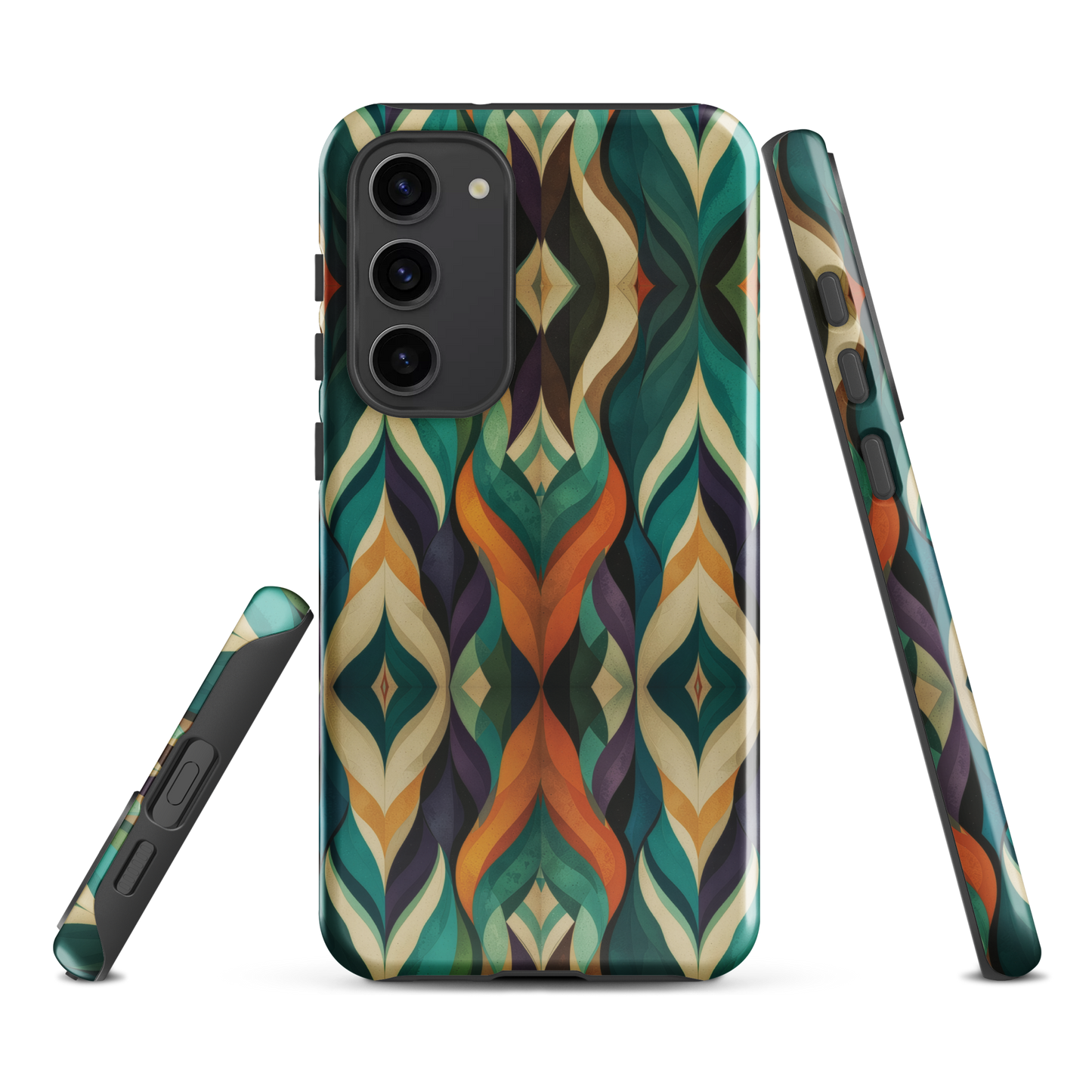 A bold geometric phone case featuring layered shapes in rich, earthy tones.