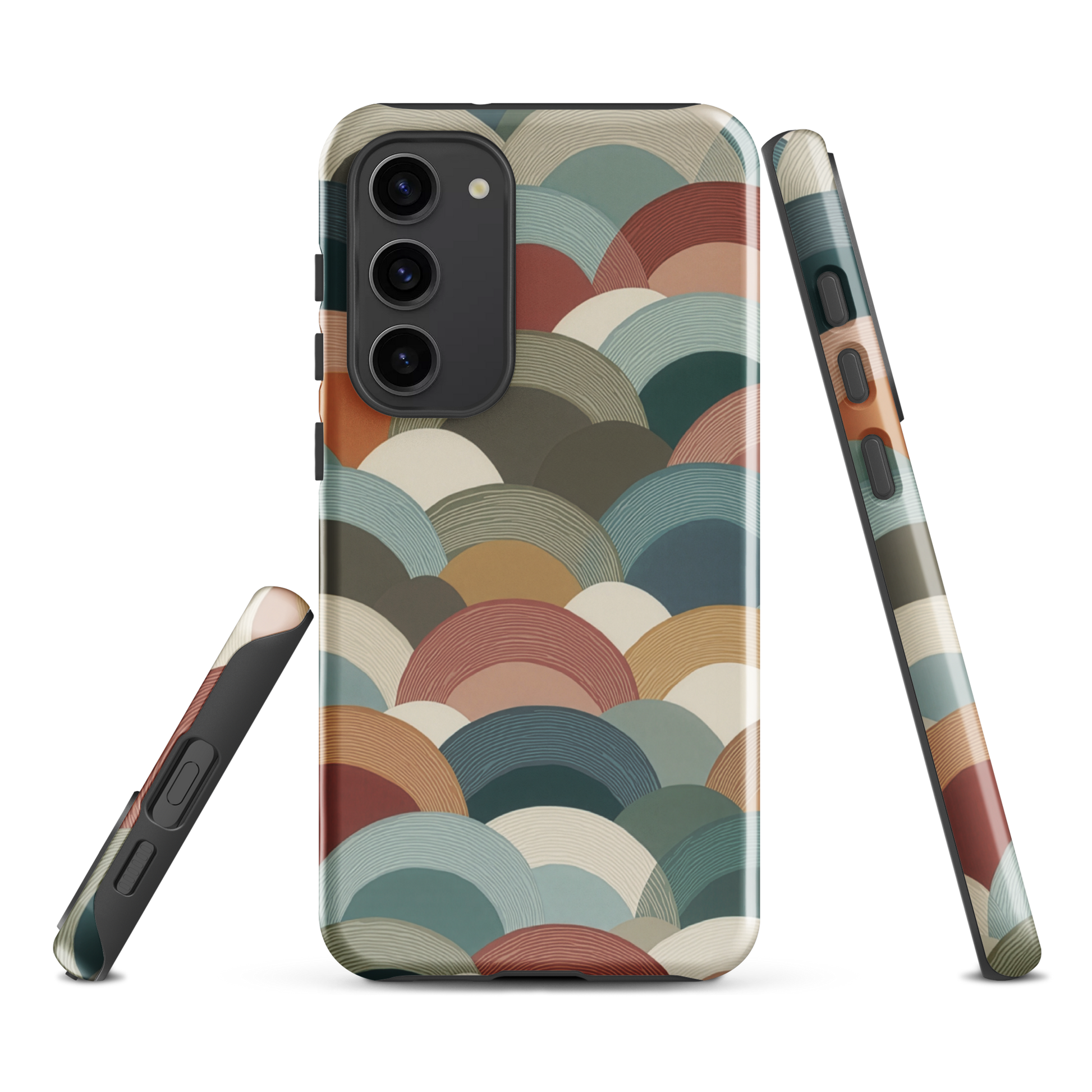 A soft retro-inspired phone case featuring layered arc shapes in warm, earthy tones.