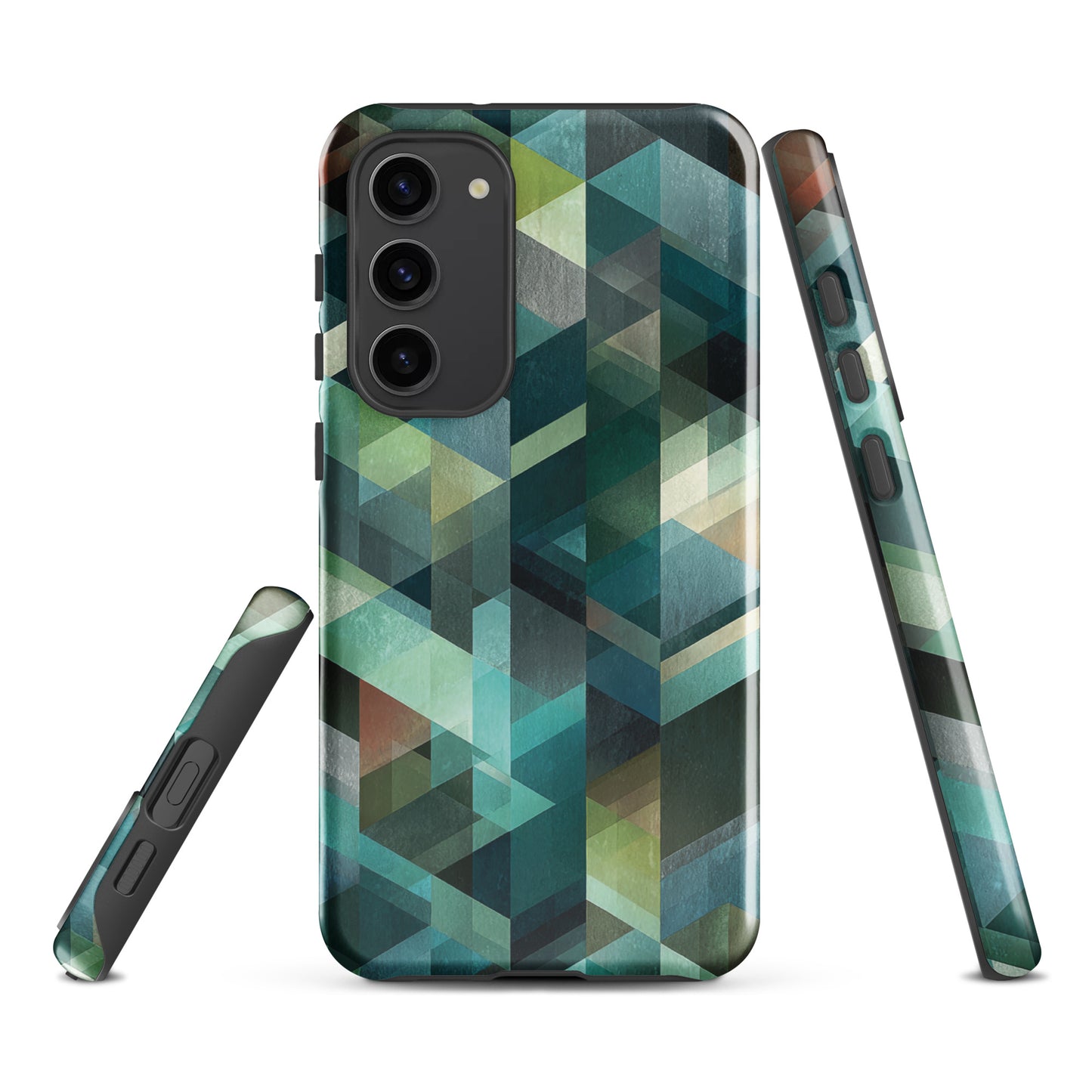 Modern abstract geometric phone case in teal and blue tones with layered retro-inspired shapes.