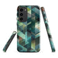 Modern abstract geometric phone case in teal and blue tones with layered retro-inspired shapes.