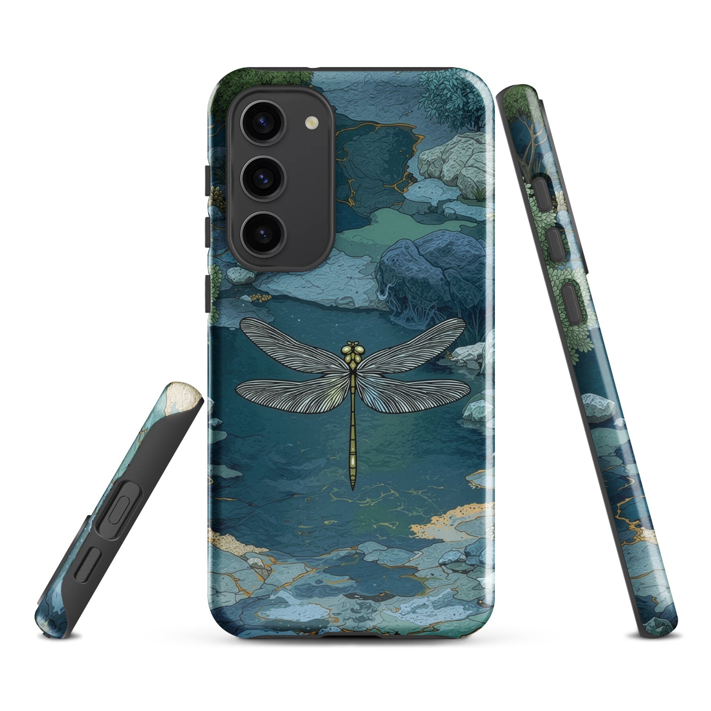 Nature-inspired phone case featuring a dragonfly over calm water with blue and green forest tones.