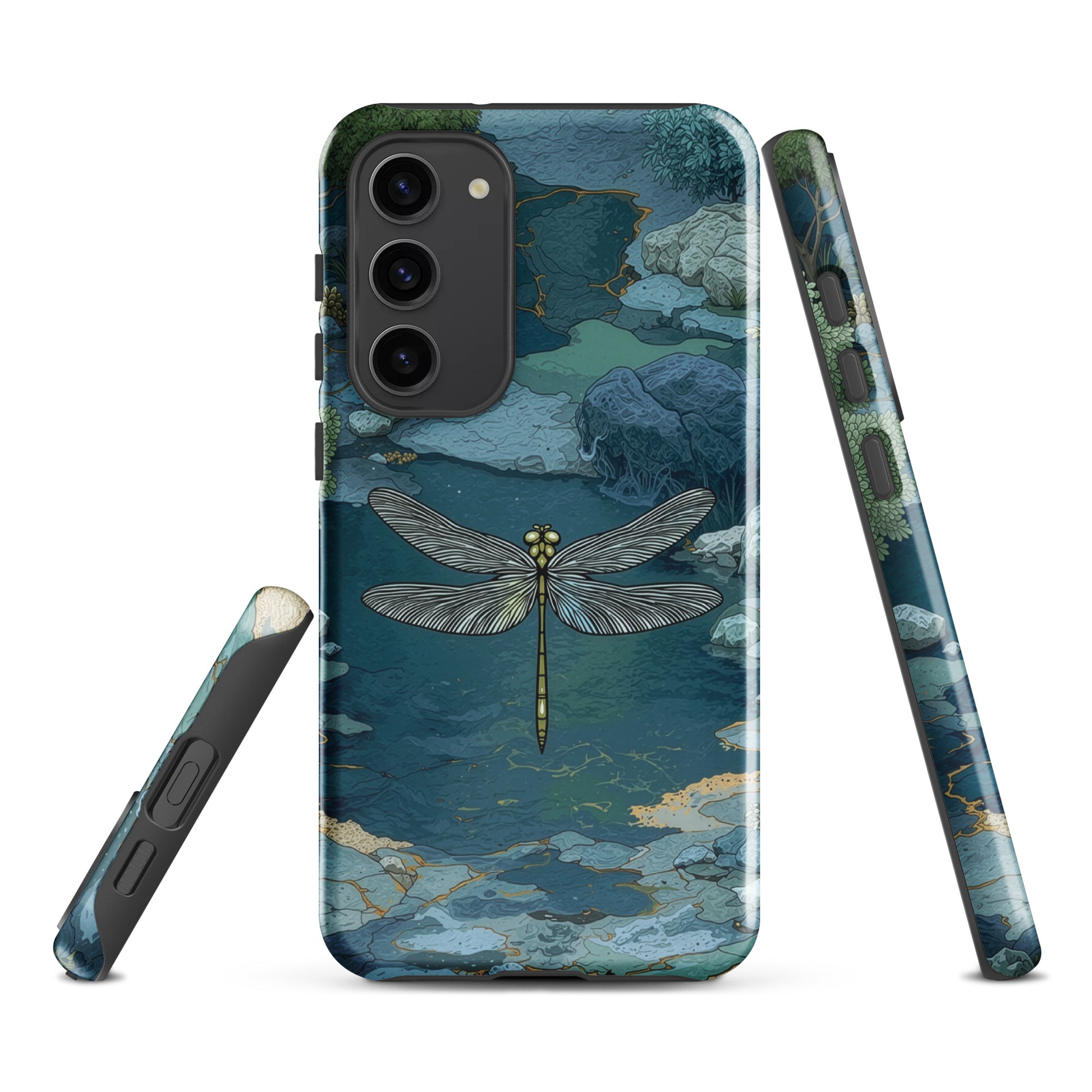 Nature-inspired phone case featuring a dragonfly over calm water with blue and green forest tones.
