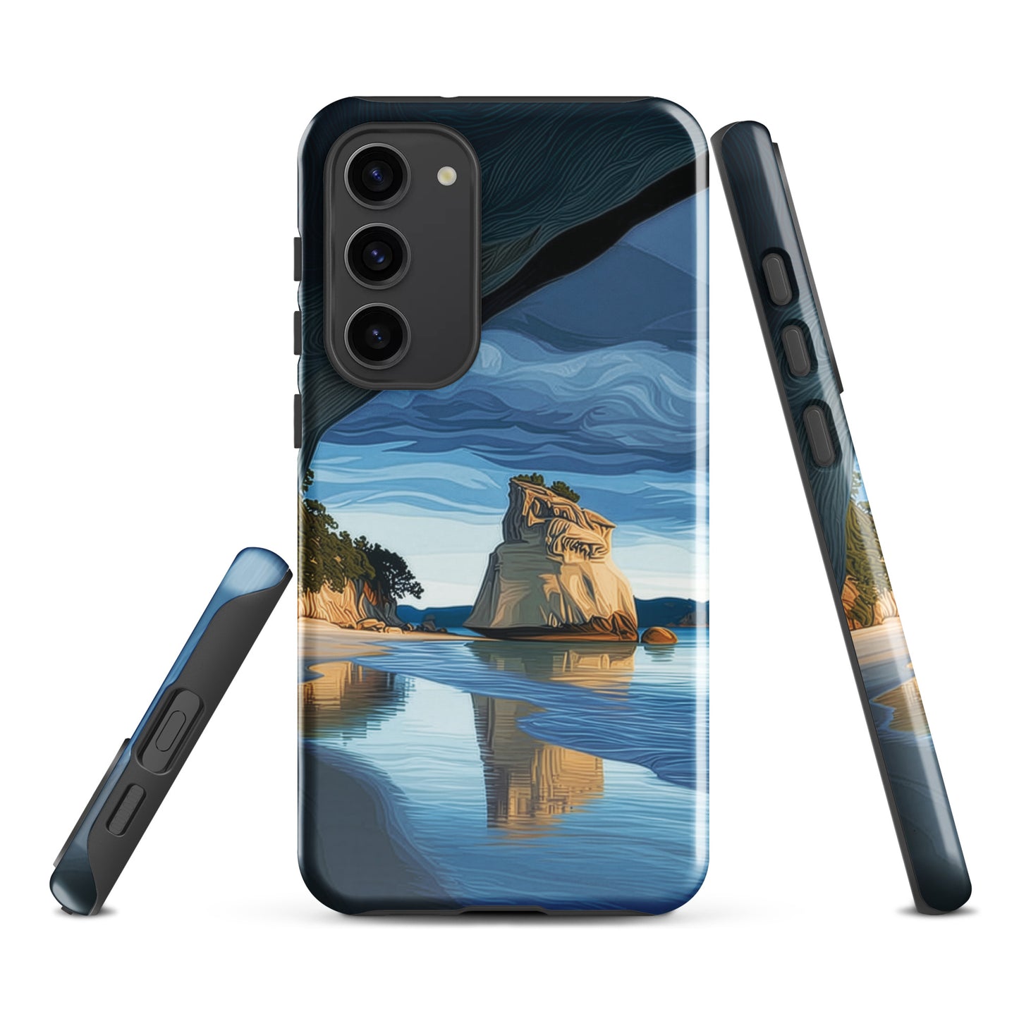 Artistic Cathedral Cove coastal designer phone case with arch rock, blue ocean and golden cliffs