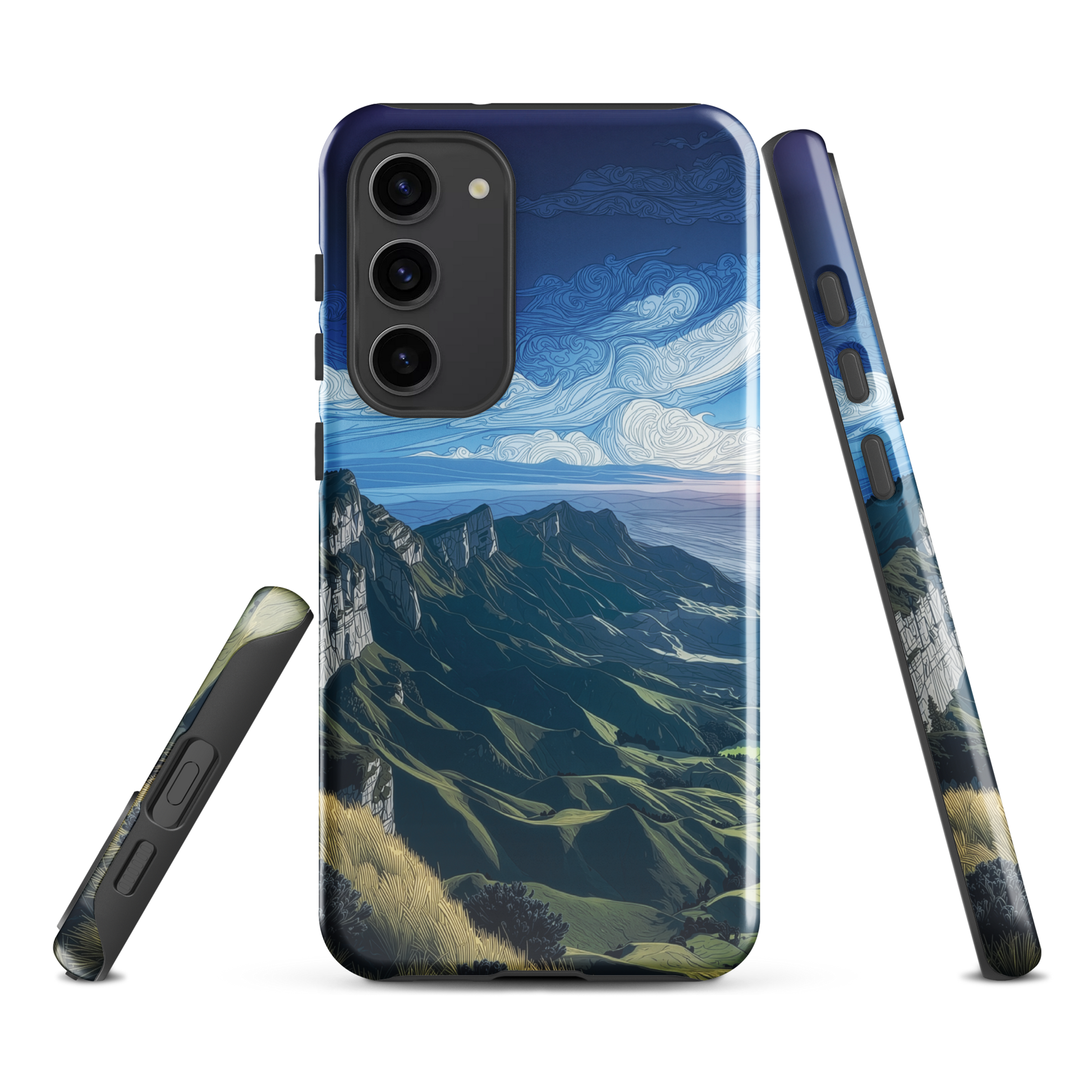 Te Mata Peak designer phone case with Hawke’s Bay cliffs, rolling green hills and dramatic swirling sky