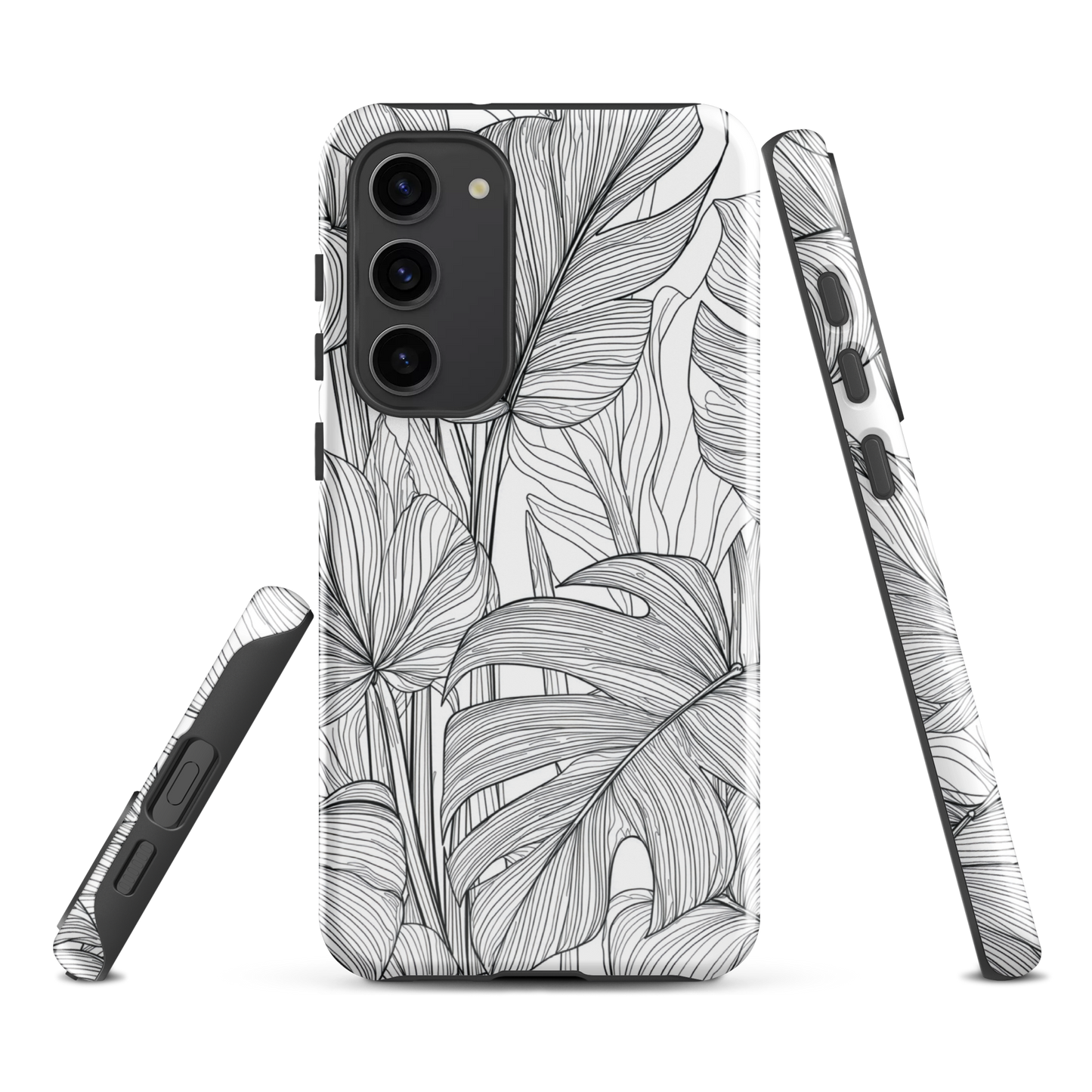 Minimal black and white tropical leaf designer phone case with detailed botanical line art