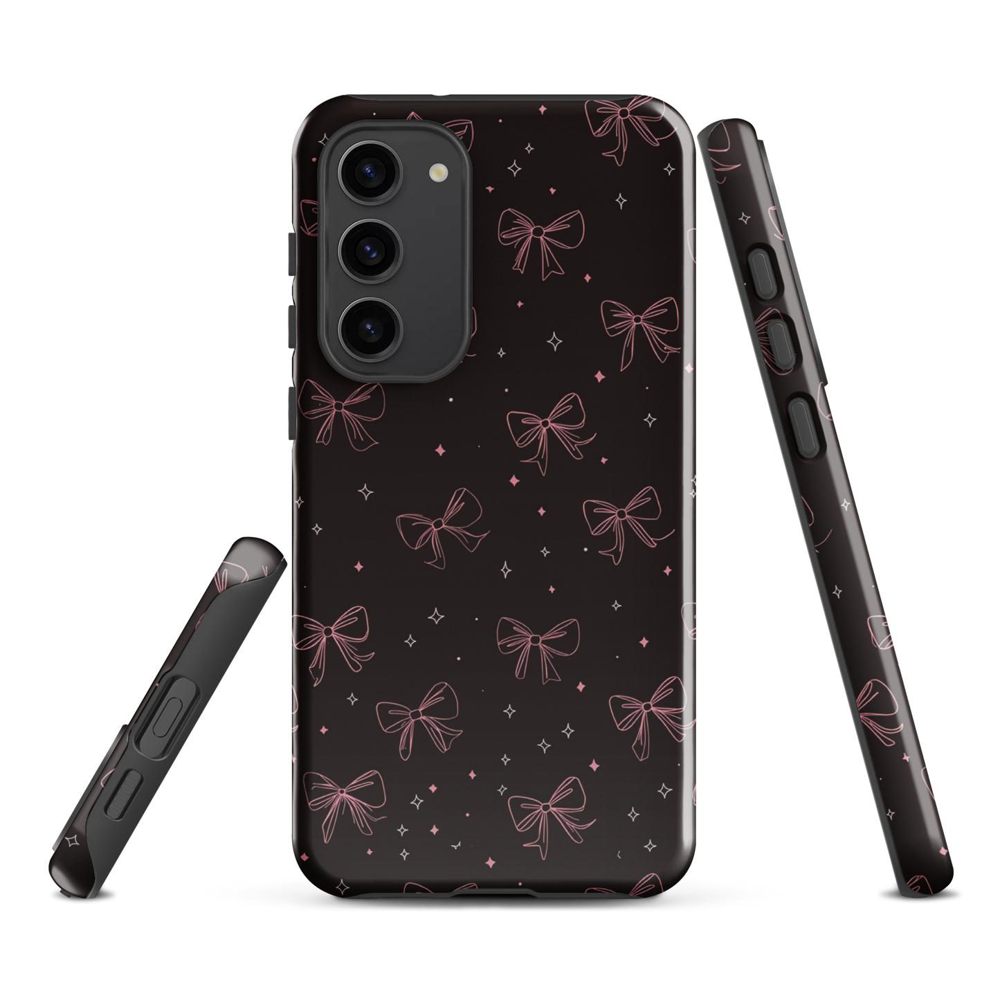 Midnight Bow seamless repeat pattern — pink hand-drawn ribbon bows and sparkle stars on a black background