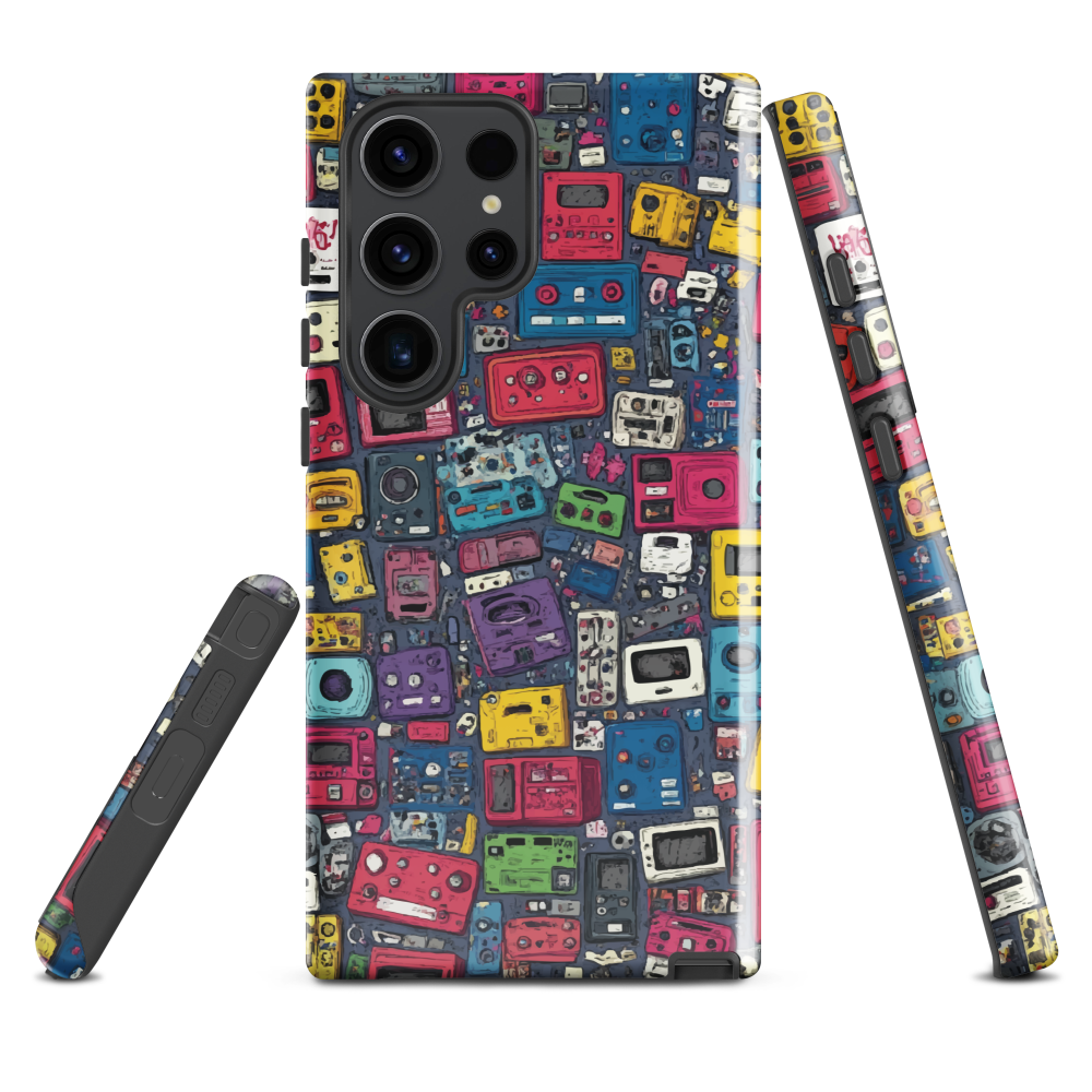 'Arcade' Samsung case, featuring a vibrant collage of hand-drawn controllers in bold, vintage-inspired colours. From electric blue and hot pink to classic black and yellow