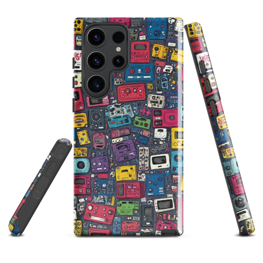 'Arcade' Samsung case, featuring a vibrant collage of hand-drawn controllers in bold, vintage-inspired colours. From electric blue and hot pink to classic black and yellow