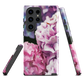 Designer phone case with pink and purple hydrangea floral artwork.