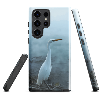 'White Heron in the mist' Samsung Galaxy S23 Ultra tough phone case - protective glossy case NZ Australia