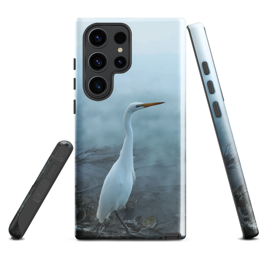 'White Heron in the mist' Samsung Galaxy S23 Ultra tough phone case - protective glossy case NZ Australia
