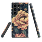 Phone case with vintage-style pink roses and bees on dark background, floral New Zealand artwork.