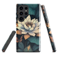 Phone case with ivory water lily, green leaves, and butterfly accents on dark background