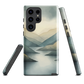 Phone case with soft mountain and valley design in misty green, blue, and golden tones