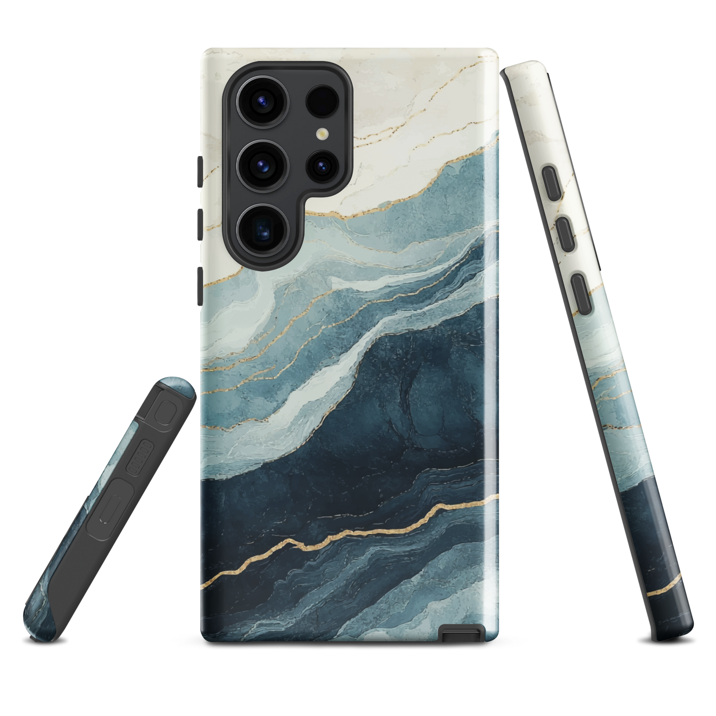 An elegant abstract phone case inspired by layered coastal forms in blue and teal tones.
