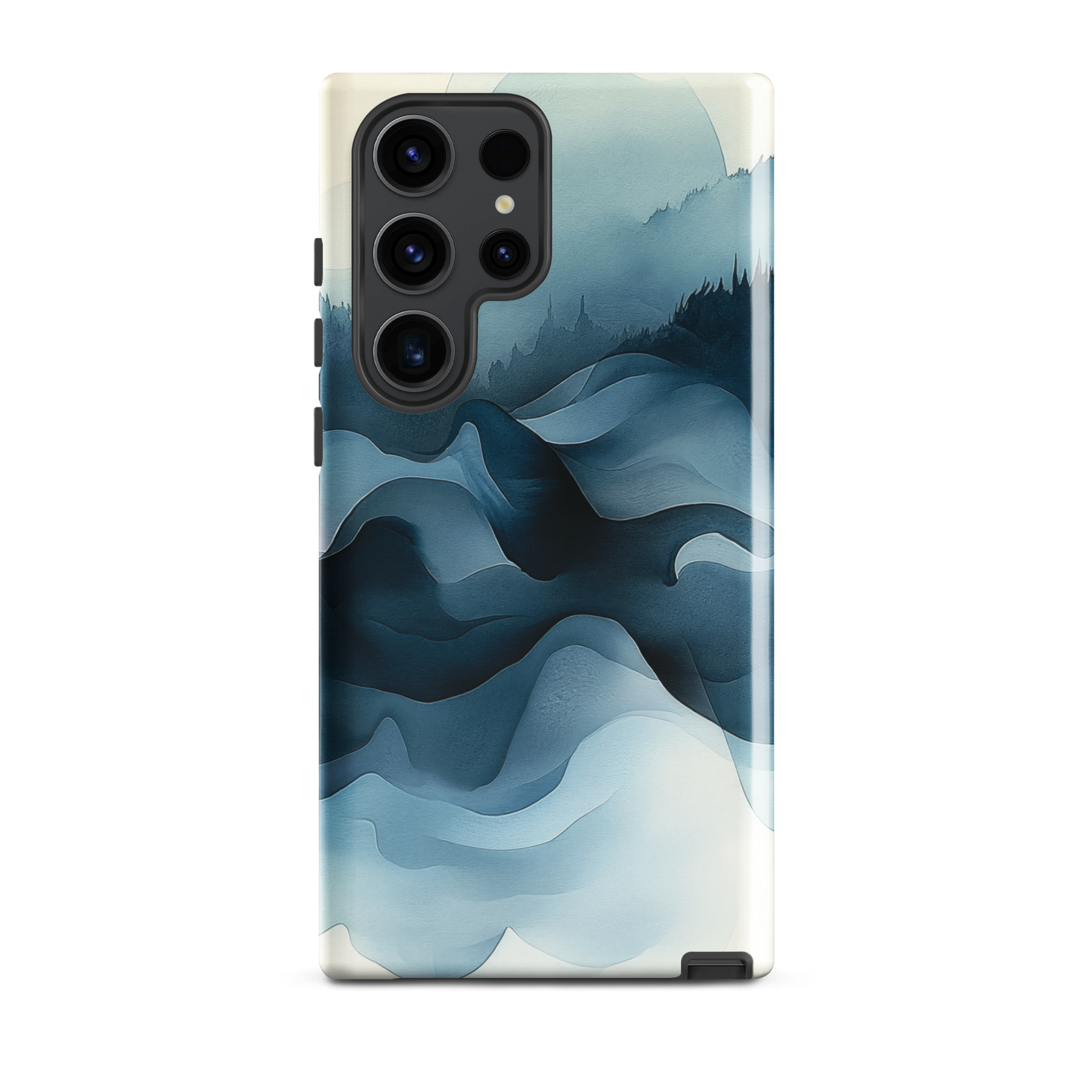 A calming abstract landscape phone case inspired by quiet valleys and soft blue tones.