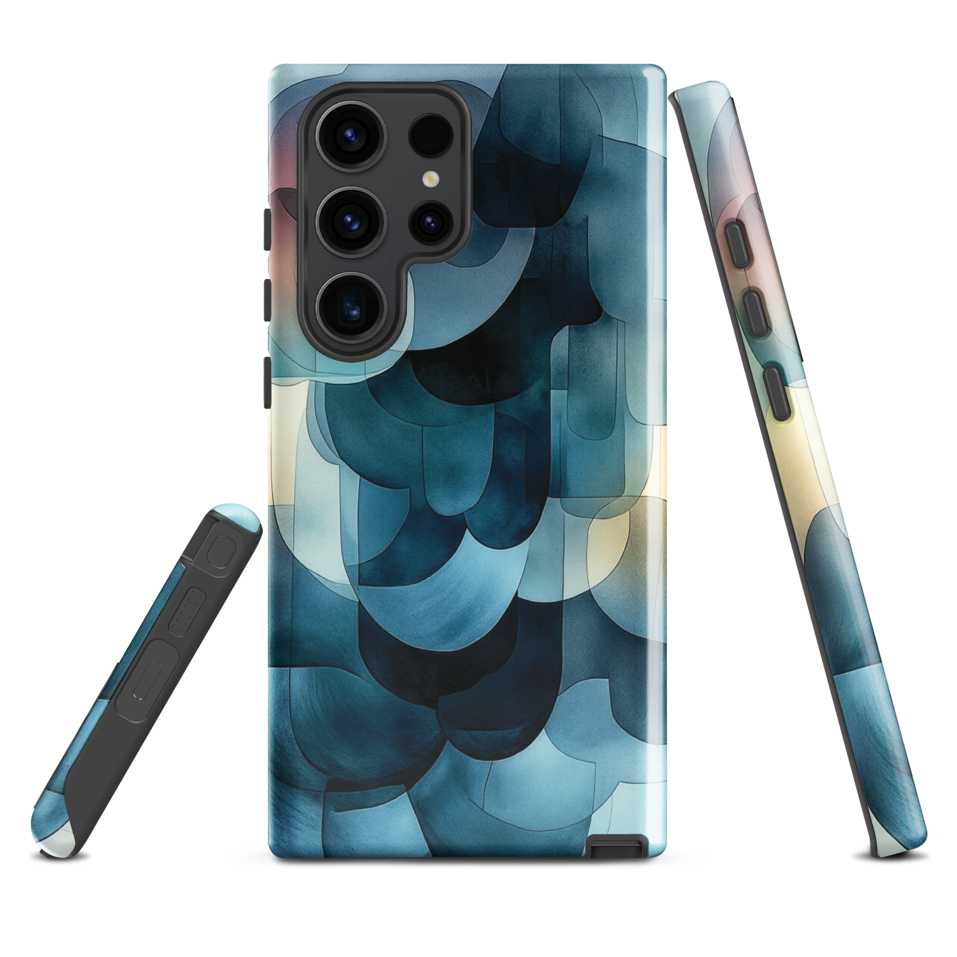 A modern abstract phone case featuring layered blue forms and soft flowing shapes.