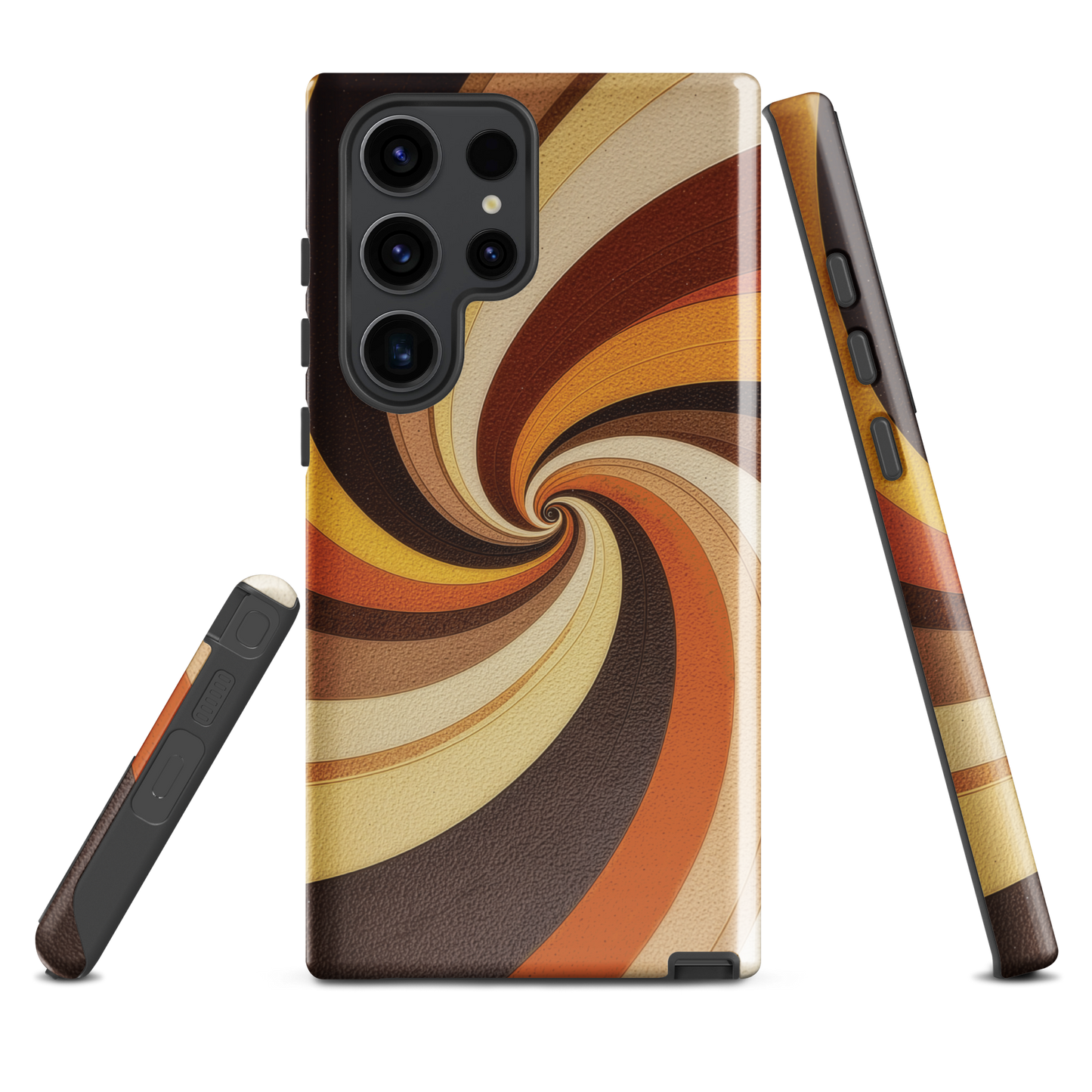 A retro-inspired phone case featuring warm swirling patterns in orange, yellow, and brown tones.