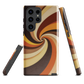 A retro-inspired phone case featuring warm swirling patterns in orange, yellow, and brown tones.