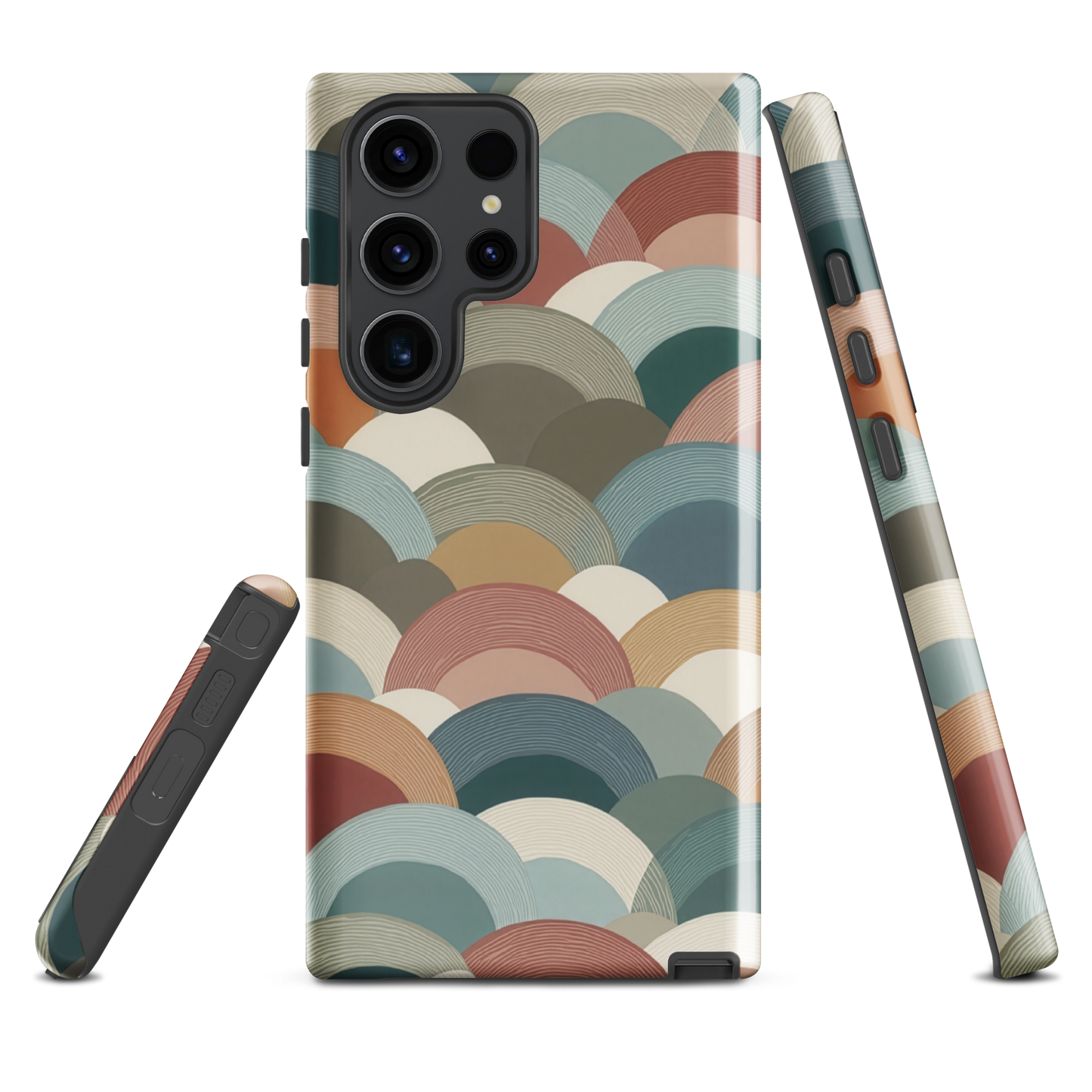 A soft retro-inspired phone case featuring layered arc shapes in warm, earthy tones.