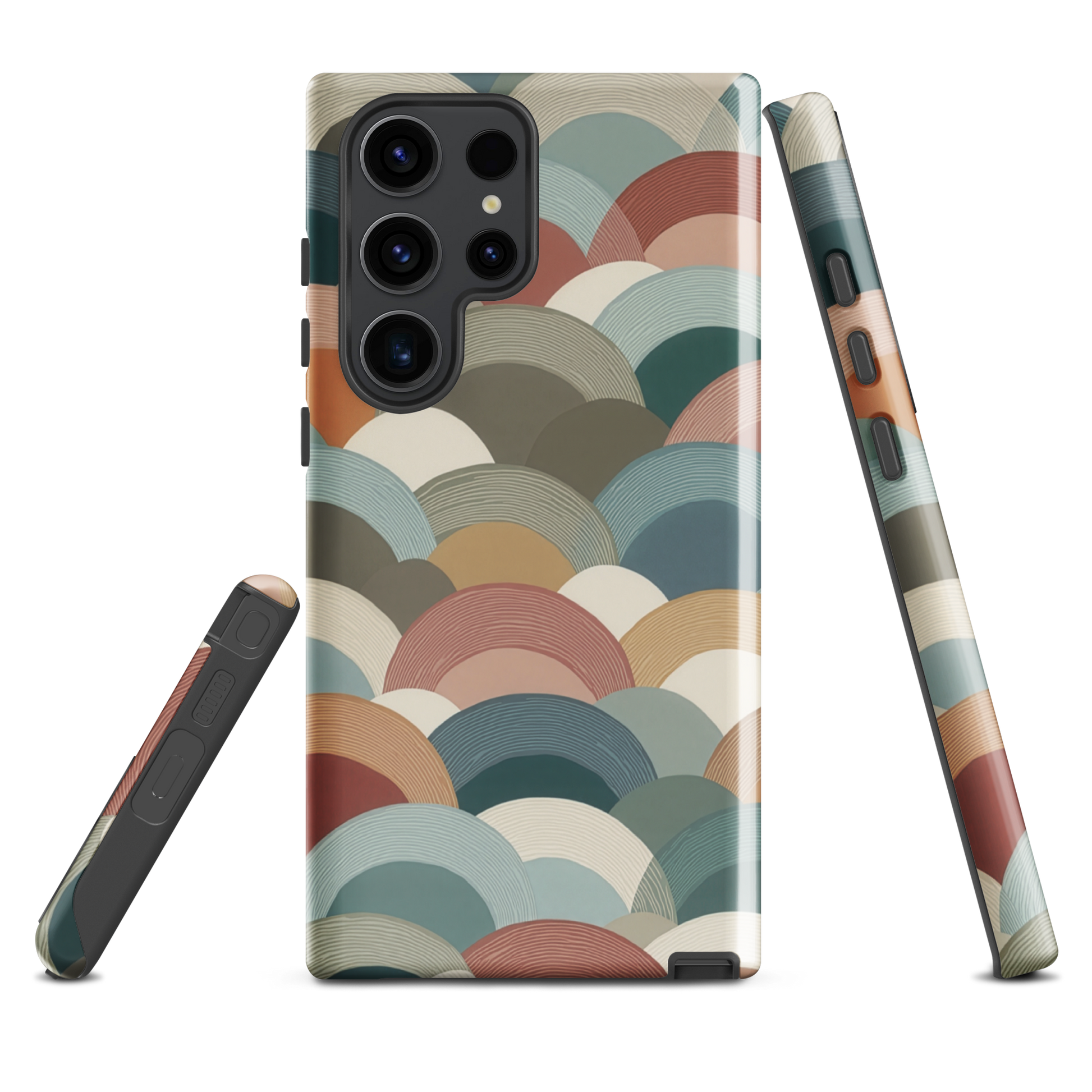 A soft retro-inspired phone case featuring layered arc shapes in warm, earthy tones.