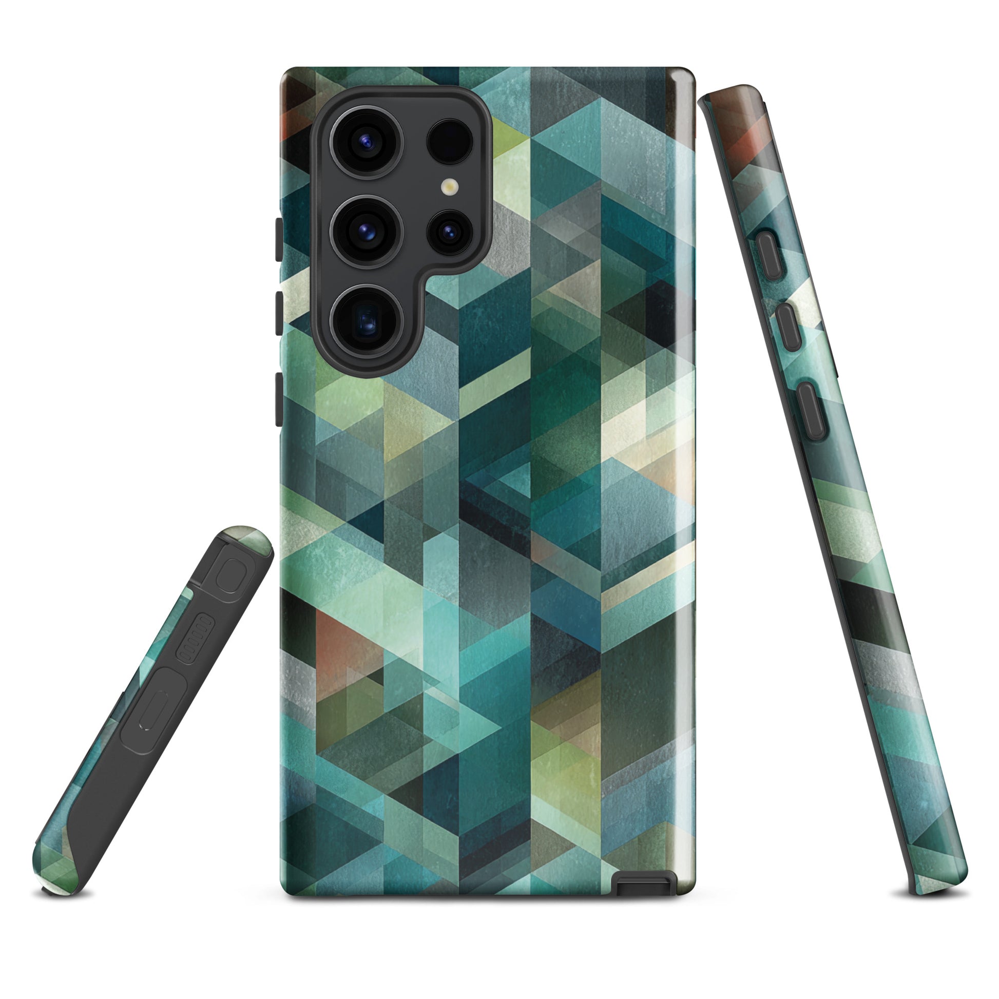 Modern abstract geometric phone case in teal and blue tones with layered retro-inspired shapes.