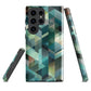 Modern abstract geometric phone case in teal and blue tones with layered retro-inspired shapes.