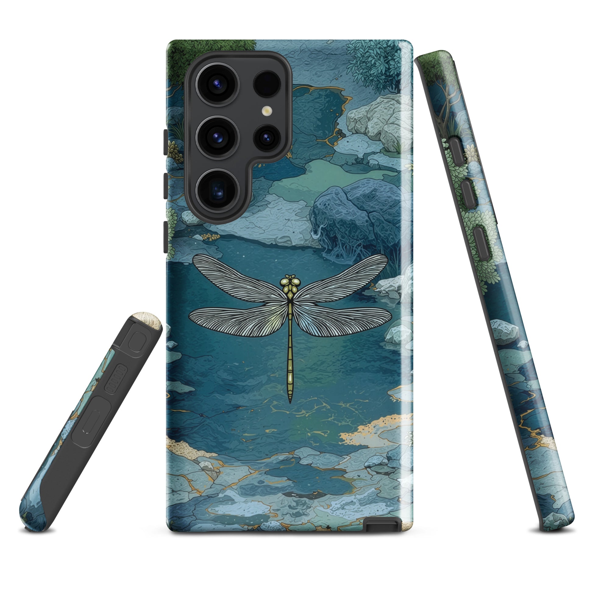 Nature-inspired phone case featuring a dragonfly over calm water with blue and green forest tones.