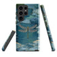 Nature-inspired phone case featuring a dragonfly over calm water with blue and green forest tones.