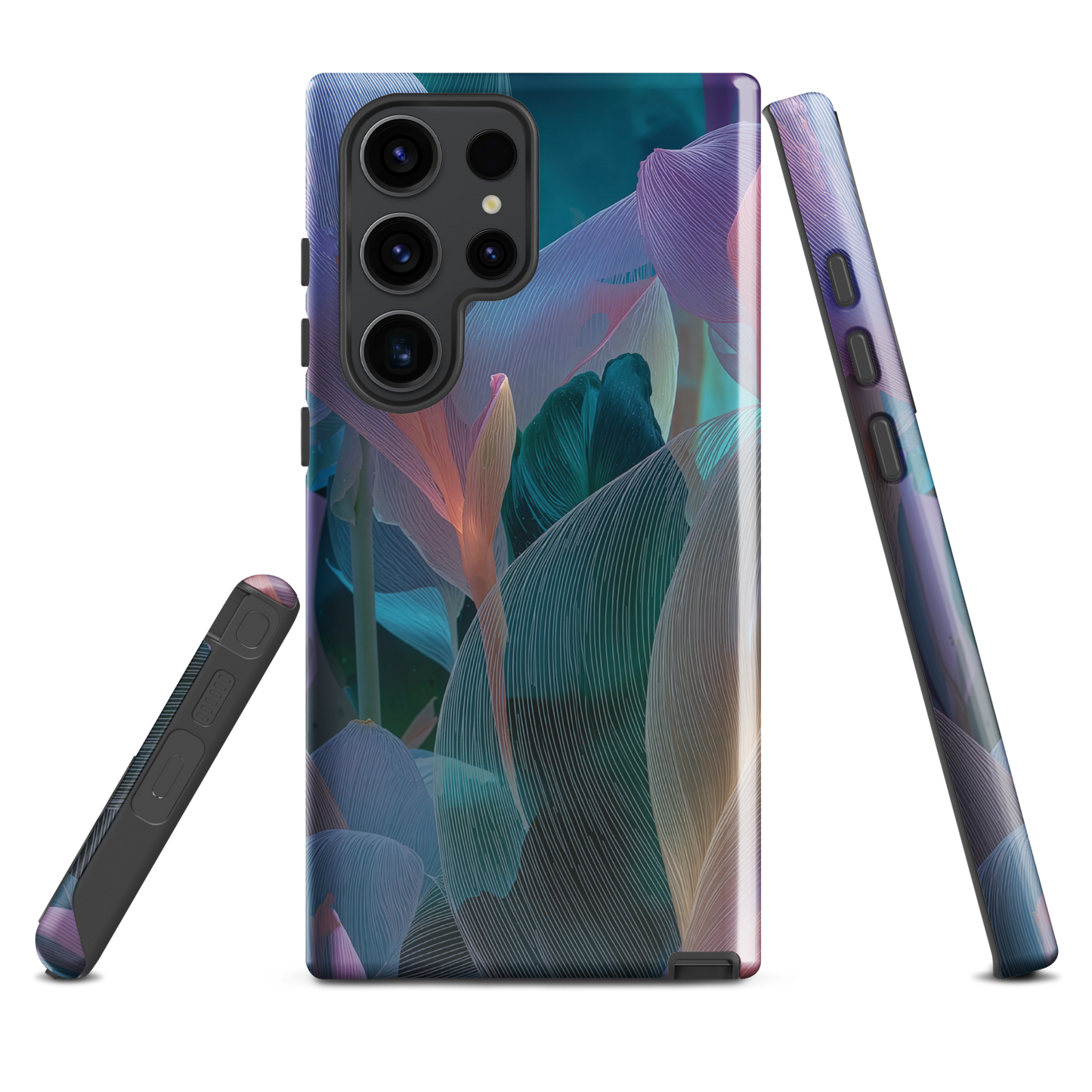 Ethereal abstract floral designer phone case in pastel pink, lilac and teal tones